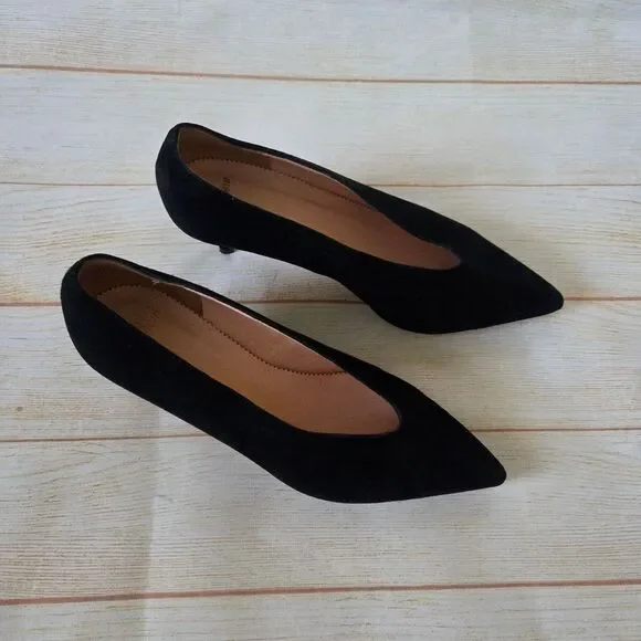 J. Crew Suede Leather Kitten Heels Pointy Toe Slide Women Shoes Size 6 1/2 Black - Picture 3 of 13